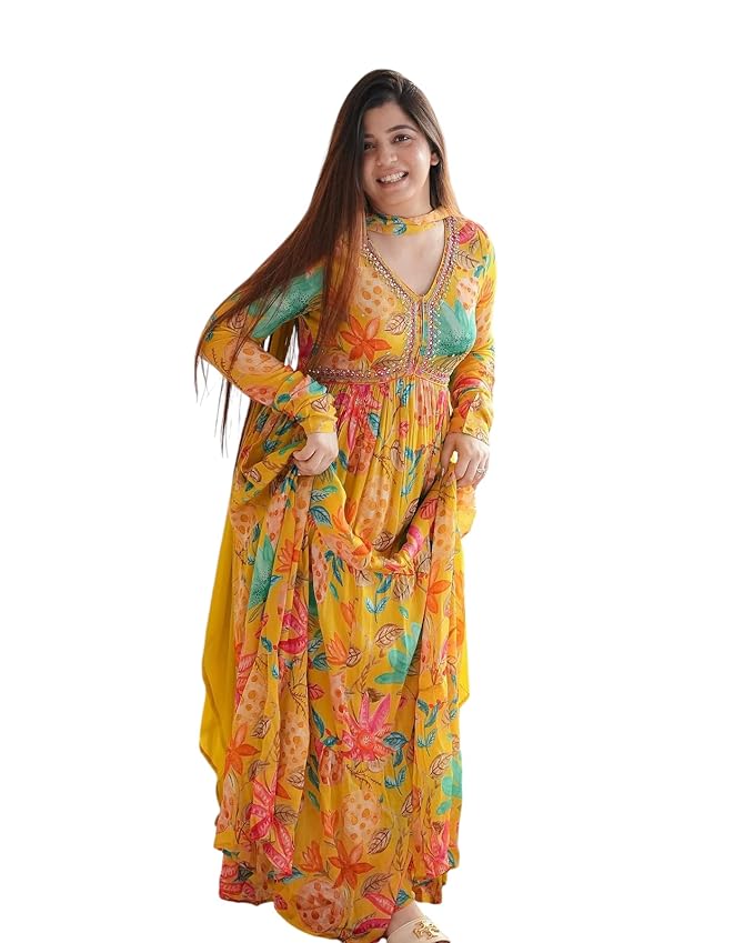 KD Georgette Women's Anarkali Floral Printed Kurta Pant Set with Dupatta Kurta Kurti for Women