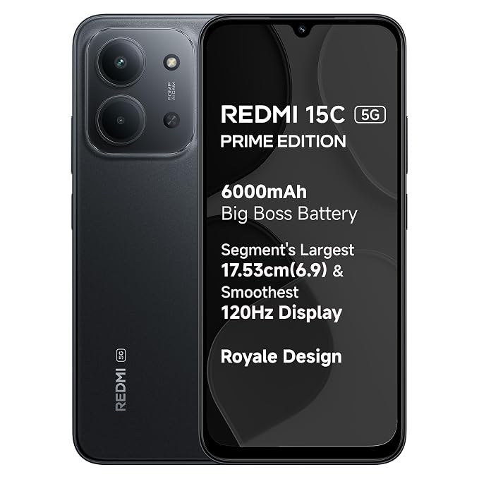 Redmi 15C 5G Prime Edition (Midnight Black, 6GB + 128GB) | Massive 6000mAh Battery | Segment's Largest 17.53cm Display Up to 120Hz | MediaTek Dimensity 6300 | 33W Fast Charging | 50MP AI Dual Camera