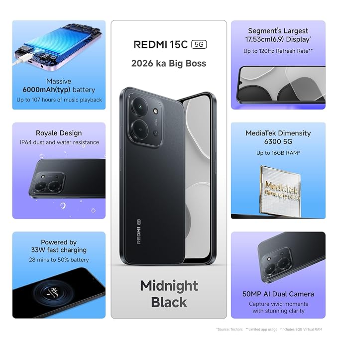 Redmi 15C 5G Prime Edition (Midnight Black, 6GB + 128GB) | Massive 6000mAh Battery | Segment's Largest 17.53cm Display Up to 120Hz | MediaTek Dimensity 6300 | 33W Fast Charging | 50MP AI Dual Camera - Image 2
